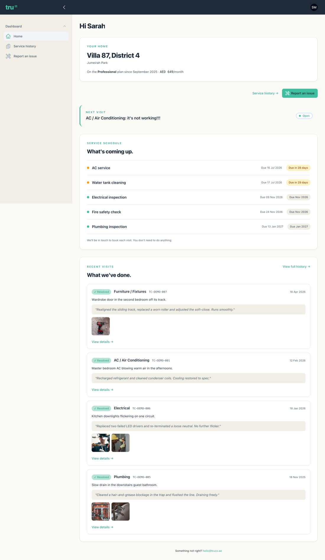 TruCo resident dashboard showing plan, next visit and schedule