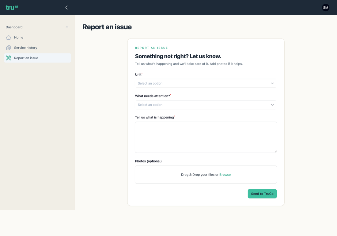 TruCo in-app report-an-issue form
