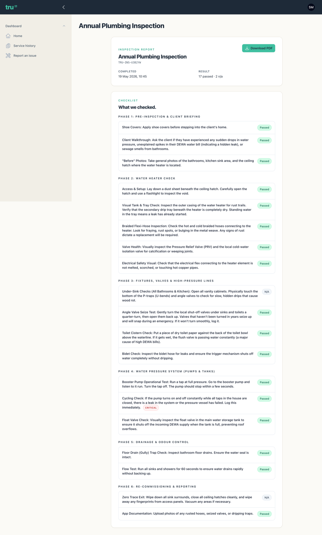 A full TruCo inspection report with photos and a completed checklist
