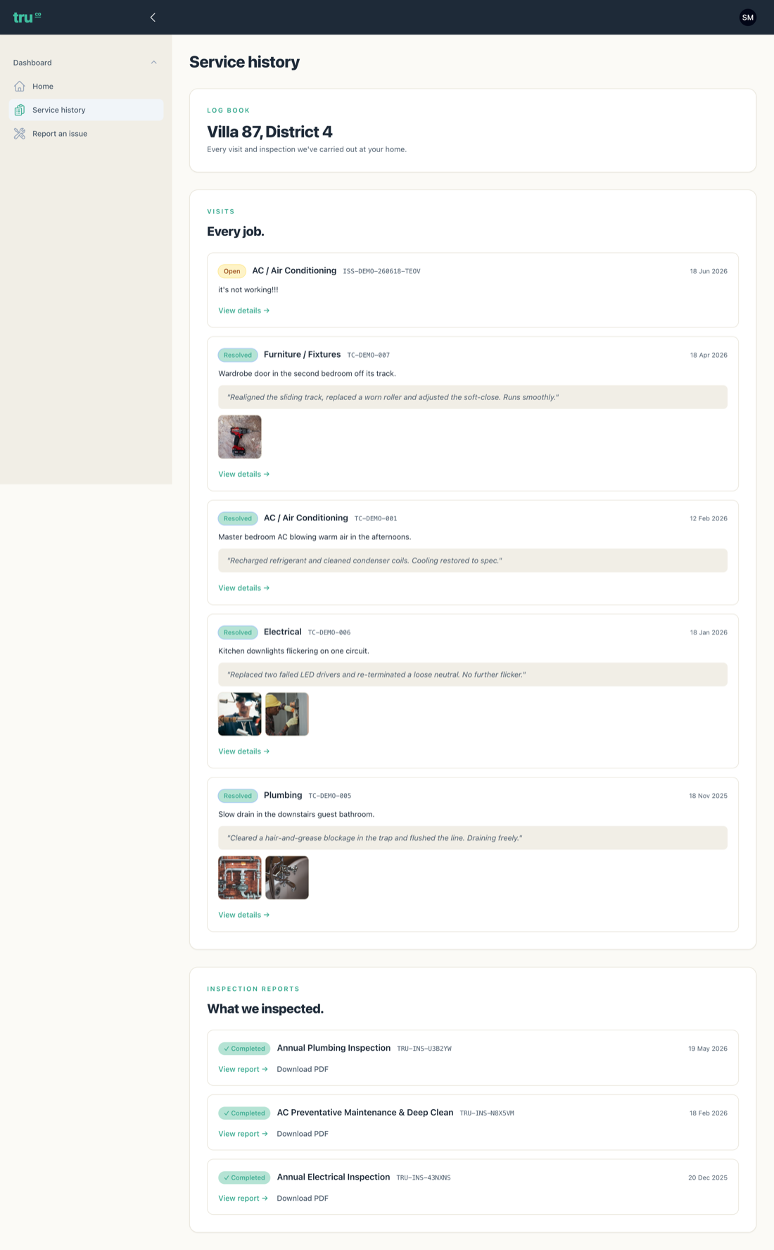 TruCo service history log book listing every past visit and report
