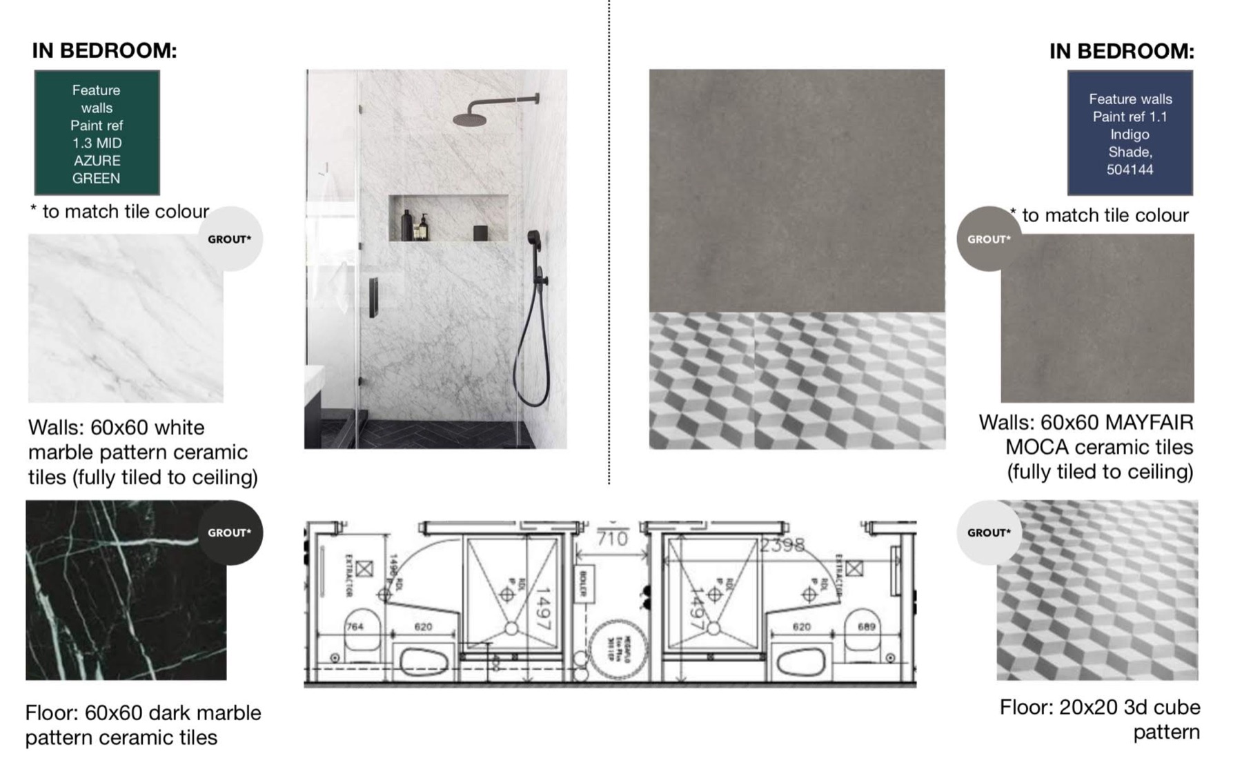 Design board specifying Moca wall tile and a 20 by 20 3D-cube pattern floor