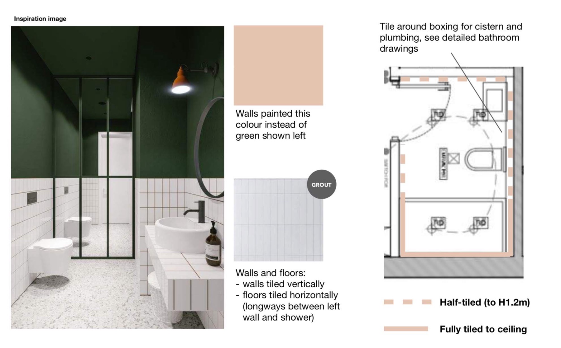 Design board specifying a coral wall colour, tiling and layout