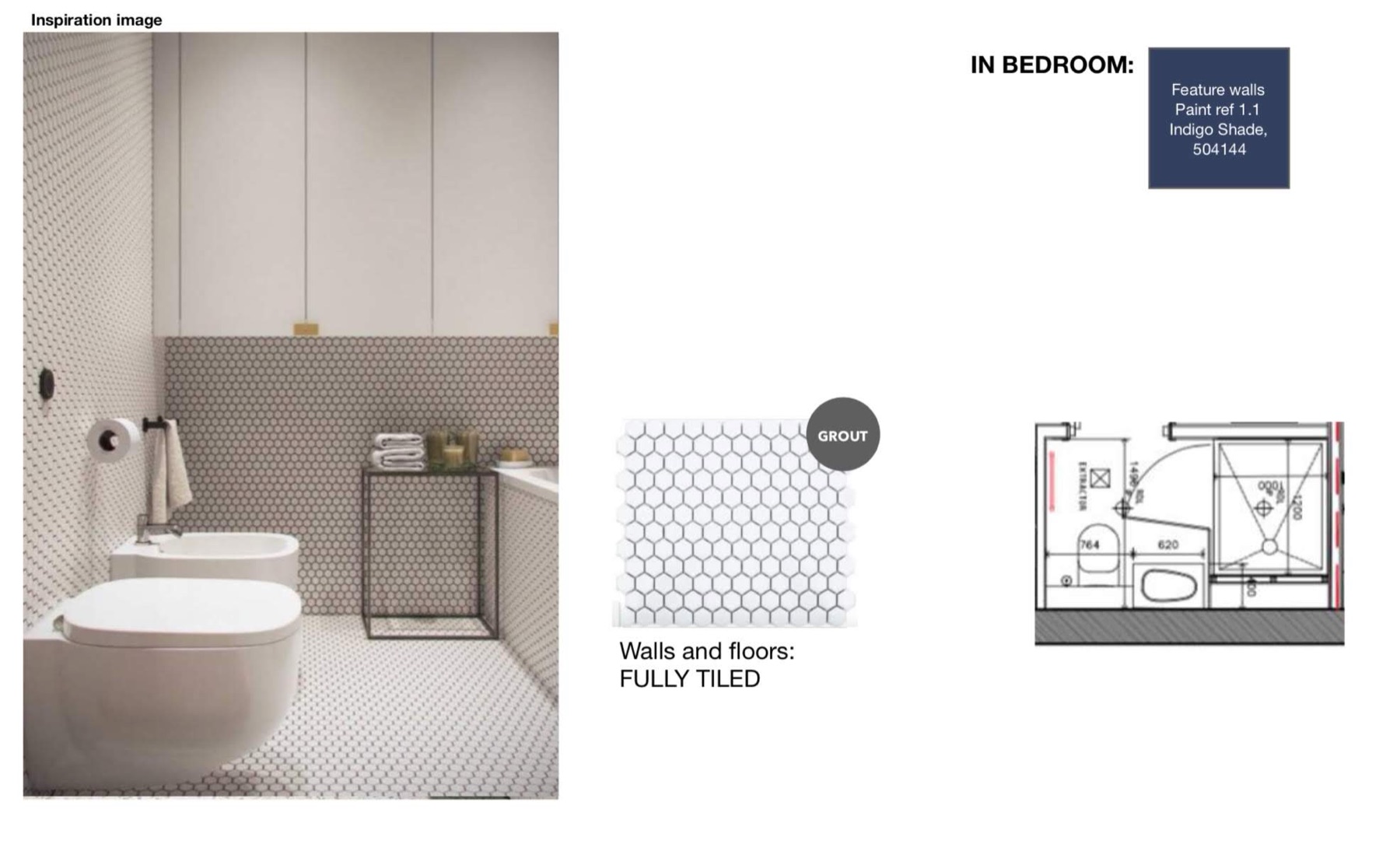 Design board specifying penny-round mosaic, fully tiled walls and floor