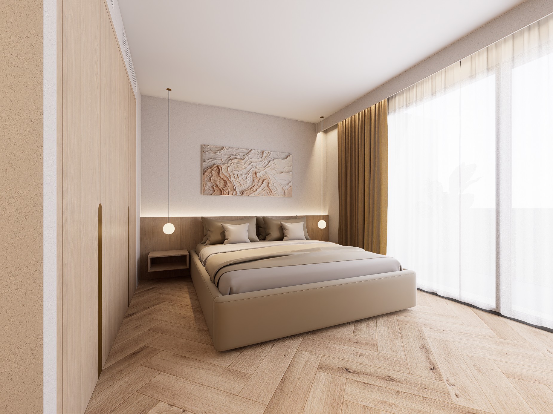 Design concept: a light bedroom with herringbone flooring and floor-to-ceiling drapes
