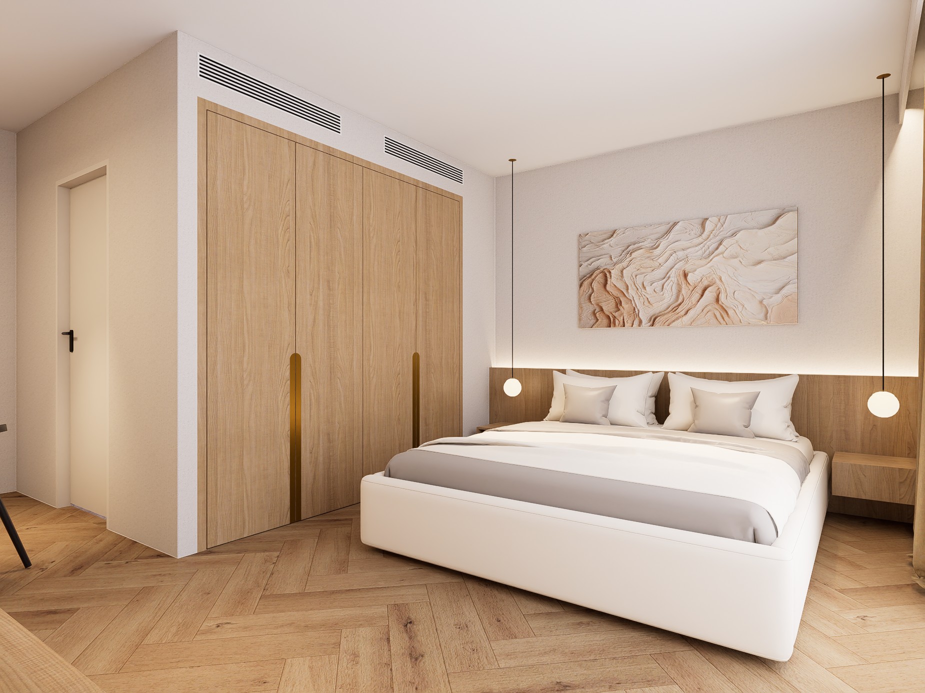 Design concept: a warm minimalist bedroom in oak with brass detailing and a floating bed