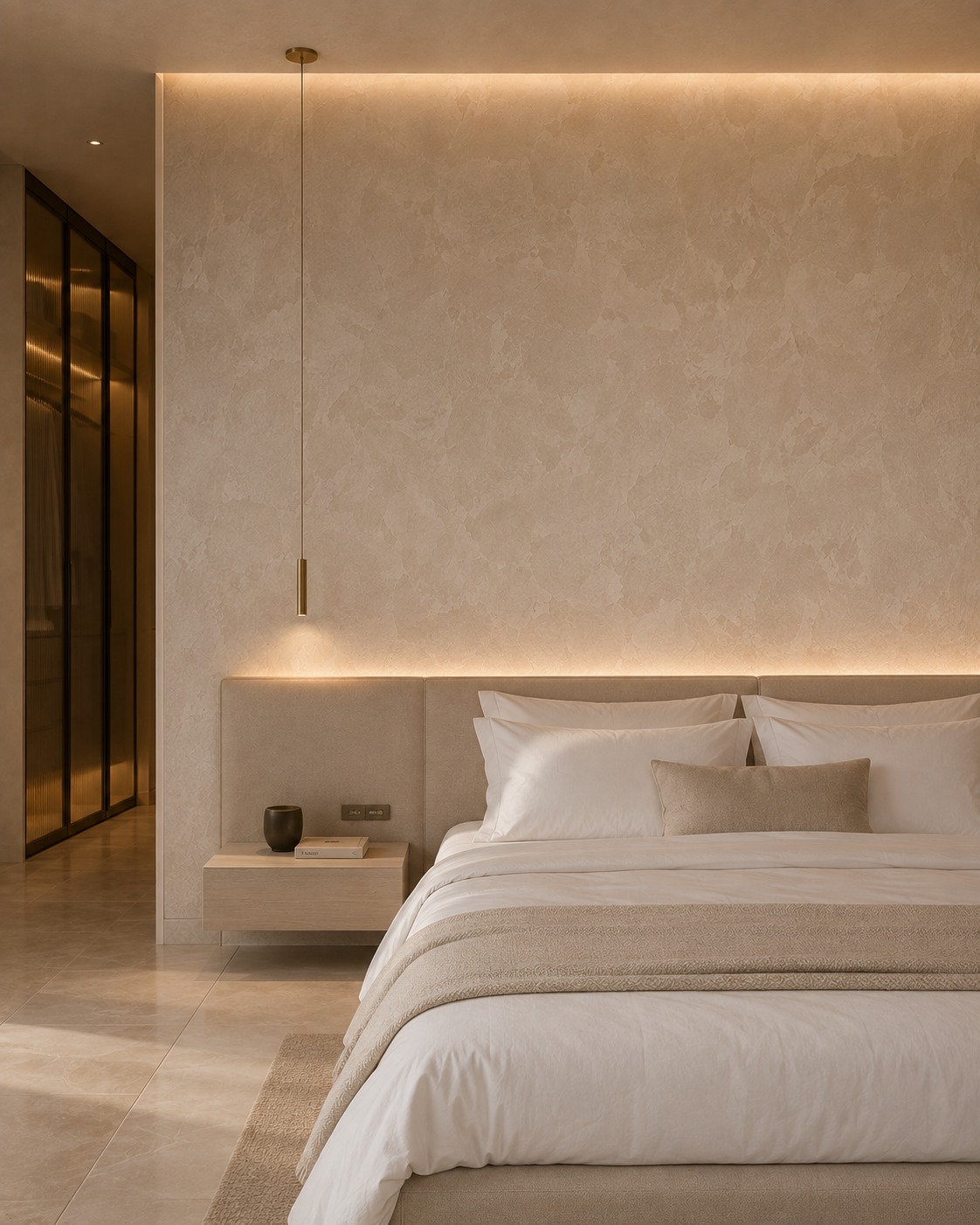 A bedroom with a hand-applied limewash feature wall