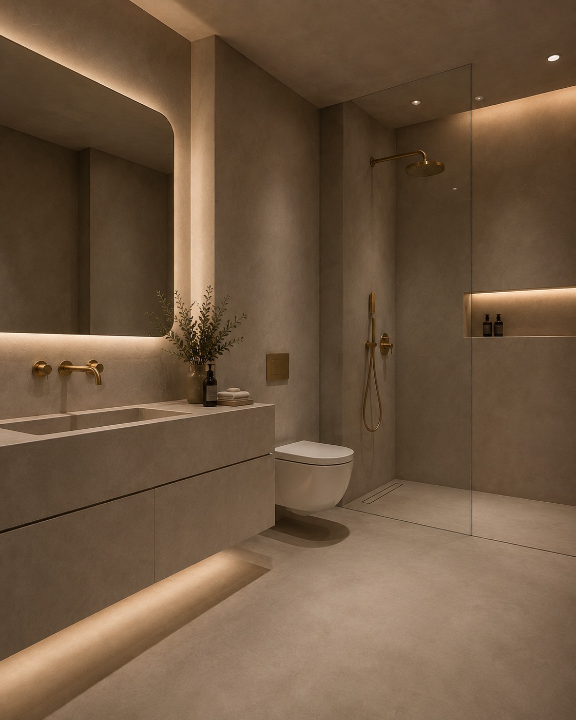 A bathroom finished in seamless hand-applied microcement